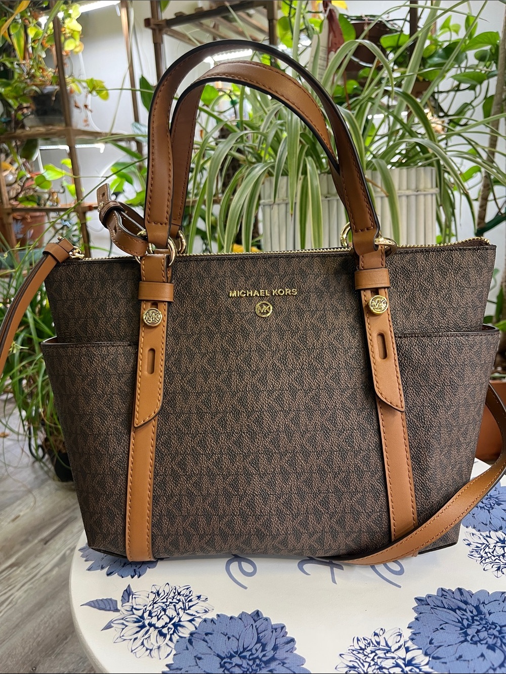 Michael Kors Brown Signature Tote with Tan Leather Trim